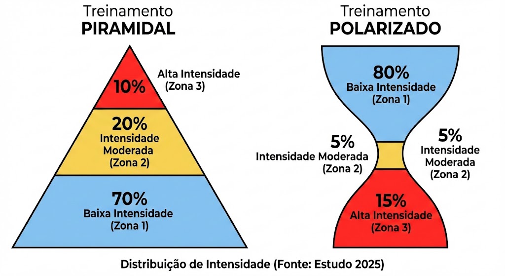 Diagrama comparando a distribuição de intensidade em Zonas 1, 2 e 3 entre os modelos de treinamento piramidal e polarizado.